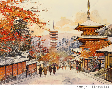 京都の街並み 五重の塔 浮世絵風 イラストのイラスト素材 [112390133