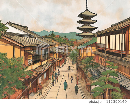 京都の街並み　五重の塔　浮世絵風　イラスト 112390140