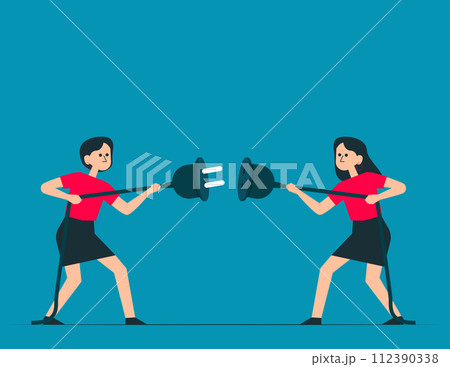 Two people connect wires. Partnership and teamwork concept Two people connect wires. Partnership and teamwork concept 112390338