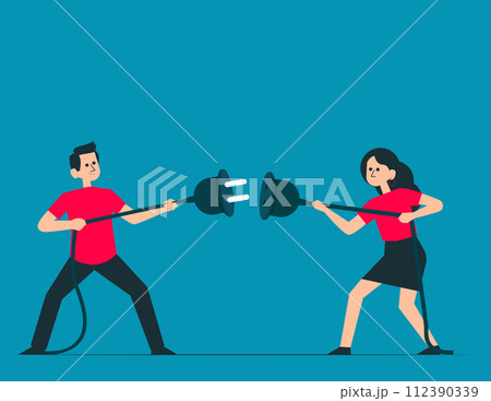 Two people connect wires. Partnership and teamwork concept Two people connect wires. Partnership and teamwork concept 112390339