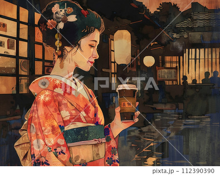 カップコーヒーを持つ着物姿の女 浮世絵風イラスト カップコーヒーを持つ着物姿の女 浮世絵風イラスト 112390390