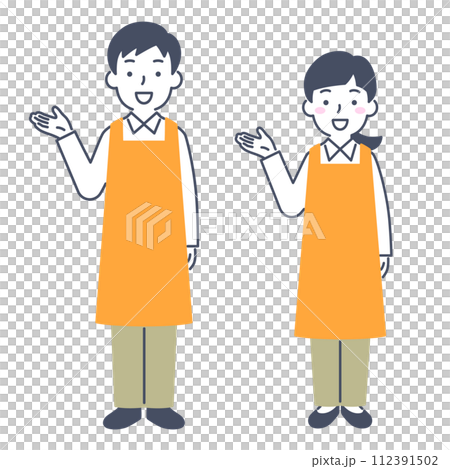 案内する男女 エプロン姿 案内する男女 エプロン姿 112391502