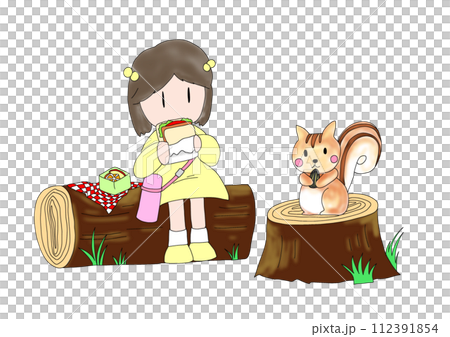 一個女孩和松鼠在森林裡吃午餐的插圖 一個女孩和松鼠在森林裡吃午餐的插圖 112391854