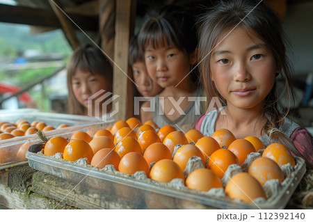 The girls collected chicken eggs in cardboard containers The girls collected chicken eggs in cardboard containers 112392140
