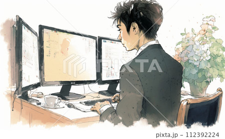 デスクに向かって取引画面を操作する男性トレーダーの横顔。