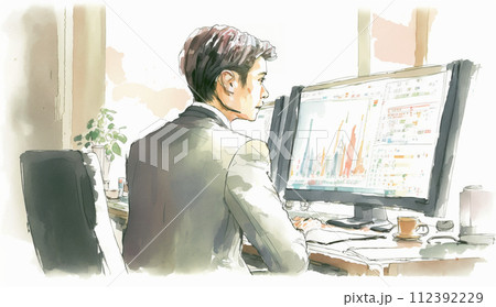 デスクに向かって取引画面を操作する男性トレーダーの横顔。