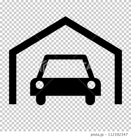 ガレージに駐車している車のシルエットアイコン。ベクター。 112392347