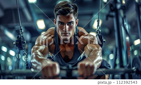 A Man working out in a gym with modern machine. Weight Training, Work out, and Fitness Concept. Generative Ai. 112392543