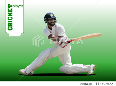 Cricket player batsman on white-green  background. 3d color vector illustration 112392622