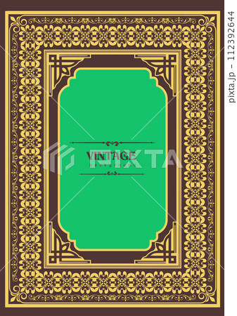 Gold ornament on dark background. Can be used as invitation card. Book cover. Vector illustration 112392644