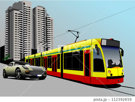 Gray car coupe and city tram on the road. Vector 3d illustration 112392659