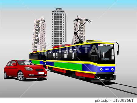 Red car sedan and city tram on the road. Vector 3d illustration 112392661