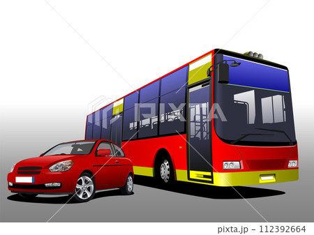 Red car sedan and city bus on the road. Vector 3d illustration 112392664