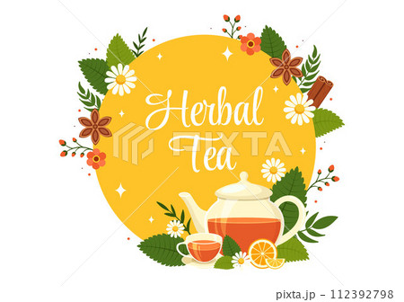 Herbal Tea Vector Illustration with Chamomile Leaves of Health Drink Green and Mixture of Flowers to Increase Endurance in Flat Cartoon Background 112392798