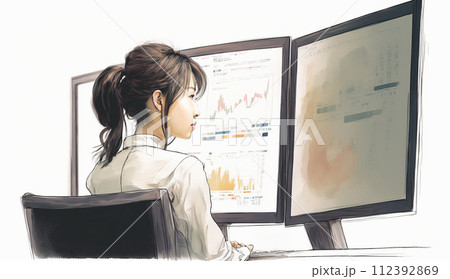 デスクに向かって取引画面を操作する女性トレーダーの横顔。