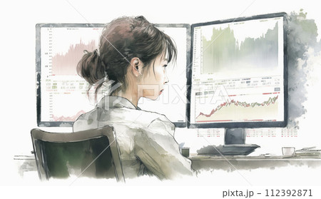 デスクに向かって取引画面を操作する女性トレーダーの横顔。