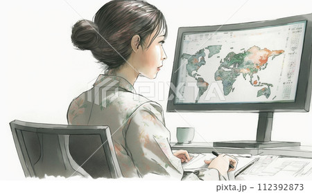 デスクに向かって取引画面を操作する女性トレーダーの横顔。