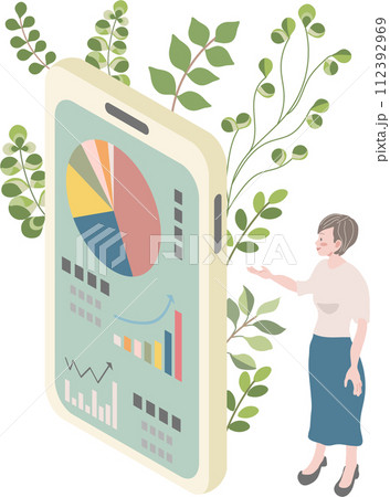 スマホでプレゼンする女性(ボタニカルなイメージ)のイラスト素材 スマホでプレゼンする女性(ボタニカルなイメージ)のイラスト素材 112392969