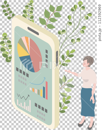 スマホでプレゼンする女性(ボタニカルなイメージ)のイラスト素材 スマホでプレゼンする女性(ボタニカルなイメージ)のイラスト素材 112392969