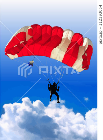 Colorful parachute against blue sky and white feathery clouds. 3d color vector illustration 112393054