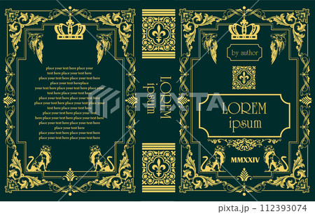 Cover book for medieval novel. Old retro ornament frames. Royal Golden style design. Vintage Border to be printed on the covers of books. Vector illustration Cover book for medieval novel. Old retro ornament frames. Royal Golden style design. Vintage Border to be printed on the covers of books. Vector illustration 112393074
