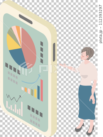 Illustration material of a woman looking at stocks and rising charts on a smartphone Illustration material of a woman looking at stocks and rising charts on a smartphone 112393297