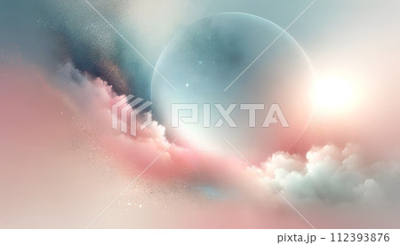 Pastel  Background with Cosmic View with Pink Blue Clouds and Soft Light Stardust 112393876