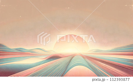 Textured Retro Background of Sunrise with Striped Pastel Gradient and Vintage Texture 112393877
