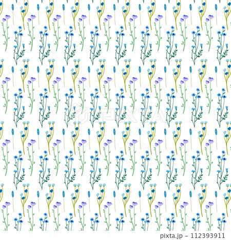 Seamless floral pattern. Endless botanical background. Fresh spring flowers and wildflowers, repeating print. Simple natural texture for textile design, fabric. Colorful graphic vector illustration.. 112393911
