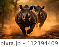 AI-generated content. Stunning sight. majestic rhinos gracefully roaming the scenic african savannah at the golden hour AI-generated content. Stunning sight. majestic rhinos gracefully roaming the scenic african savannah at the golden hour 112394409