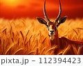 AI-generated content. A serene antelope grazing peacefully in the golden african savannah during mesmerizing sunset AI-generated content. A serene antelope grazing peacefully in the golden african savannah during mesmerizing sunset 112394423