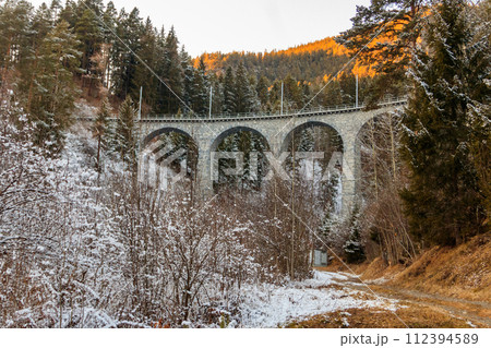 View of Landwasser Viaduct, Rhaetian railway, Graubunden in Switzerland at winter 112394589