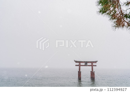 滋賀県高島市の琵琶湖に浮かぶ白鬚神社の鳥降る日に降る日に撮影したもの 112394927