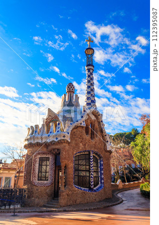 Fairytale gingerbread house in Park Guell designed by Antoni Gaudi in Barcelona, Spain 112395087
