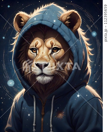 Anthropomorphic Lion Character in Hoodie with Ears, Bright Lighting, Generative AI 112395659