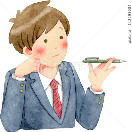 ペン回しをしながら考え事をする男子生徒(中学生・高校生)の水彩イラスト 112395684