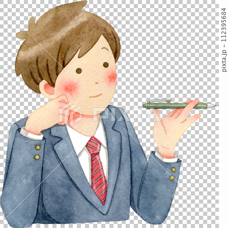 Watercolor illustration of a male student (junior high school/high school student) thinking while spinning a pen 112395684