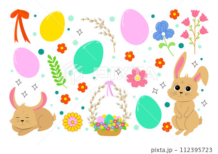 Easter set of rabbits, flowers and decorations.  112395723