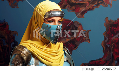 Warrior woman in hijab with armored attire 112396317