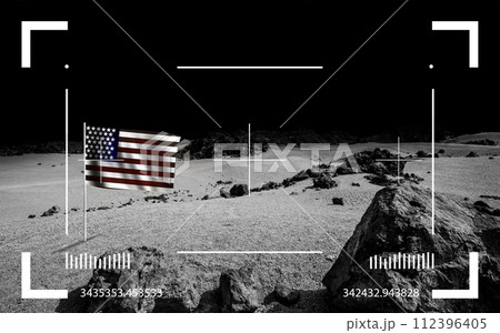 Black planet landscape through viewfinder of Moon rover. Cosmic scene Black planet landscape through viewfinder of Moon rover. Cosmic scene 112396405