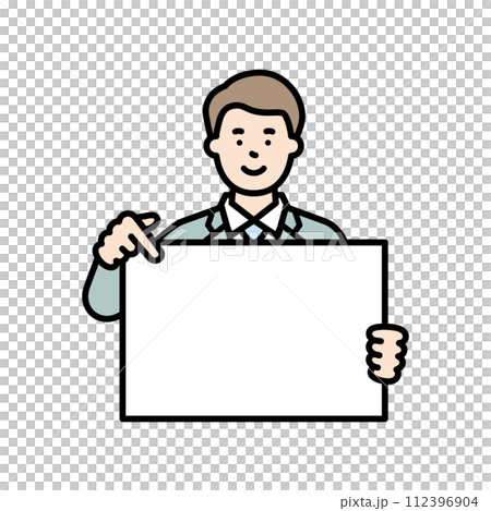 Image illustration material of a male business person holding a message board and pointing and explaining 112396904