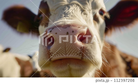 A cow licks a shot glass while smiling. 112397208