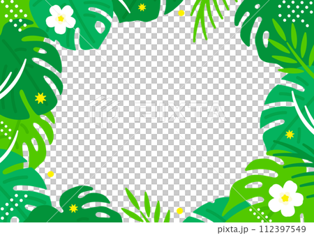 ヤシの葉やモンステラで作った葉っぱのフレーム。南国リゾートをイメージした夏の背景素材。 ヤシの葉やモンステラで作った葉っぱのフレーム。南国リゾートをイメージした夏の背景素材。 112397549