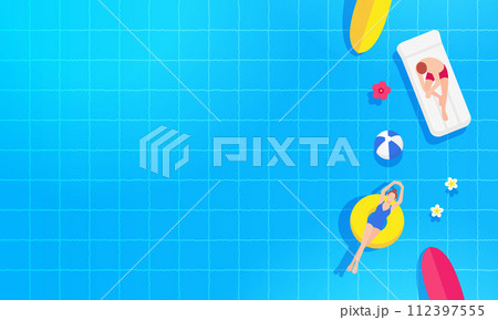 プールに浮かぶ二人。バカンスをエンジョイする男女の背景素材。 プールに浮かぶ二人。バカンスをエンジョイする男女の背景素材。 112397555