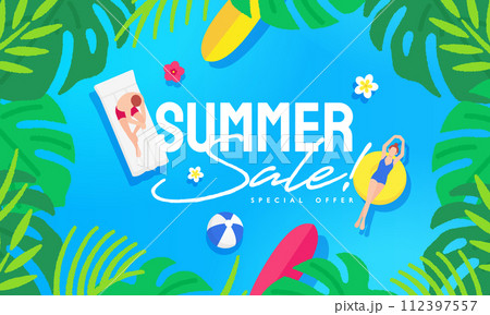 澄んだ海でくつろぐ男女のイラスト。バカンスを楽しむカップルのイラスト素材。 112397557