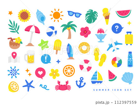 夏にかかせないアイテム。ポップでカラフルなイラスト。シンプルなかわいいアイコンのセット。 112397559