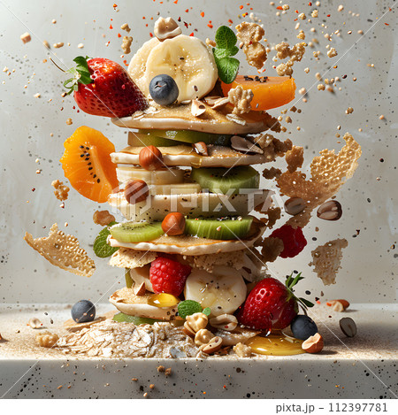 AI-generated content. A delicious dish consisting of a stack of pancakes topped with a combination of fresh fruit and nuts, showcasing the beauty of natural foods and a variety of ingredients 112397781