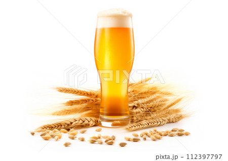 Beer in mug with wheat ears spikelets on white background. Mugs with drink like Ipa, Pale Ale, Pilsner, Porter or Stout Beer in mug with wheat ears spikelets on white background. Mugs with drink like Ipa, Pale Ale, Pilsner, Porter or Stout 112397797