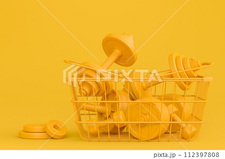 Sport equipment for fitness, gym in shopping basket on monochrome 112397808