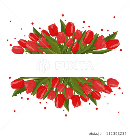 Spring rectangular frame with red tulips for text. Vector template with flowers for design, banner Spring rectangular frame with red tulips for text. Vector template with flowers for design, banner 112398255